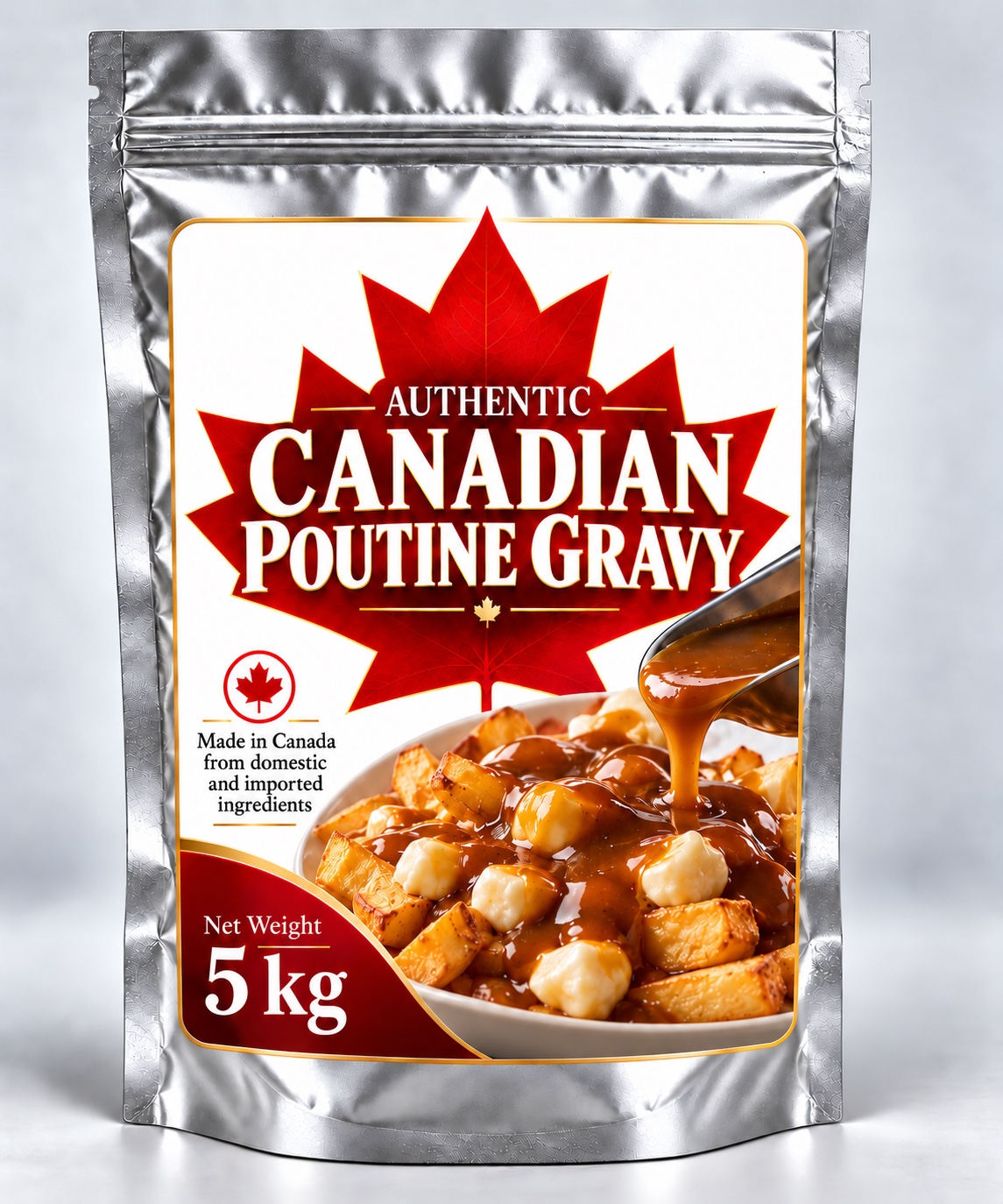 Maple Cedar 5 kg poutine gravy packaging concept in a silver pouch with a red maple leaf and poutine serving image